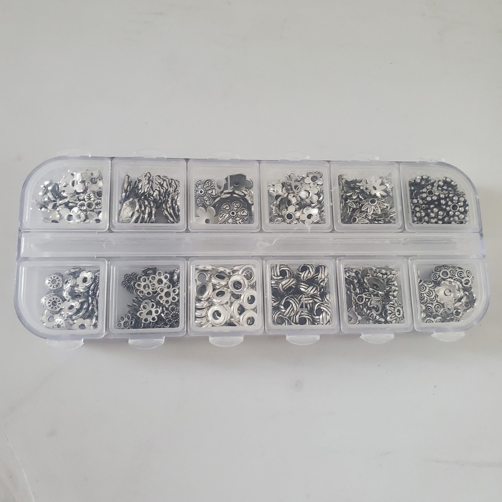 12 Compartment Silver Bead Cap and Spacer Bead Assortment Jewelry Making Kit